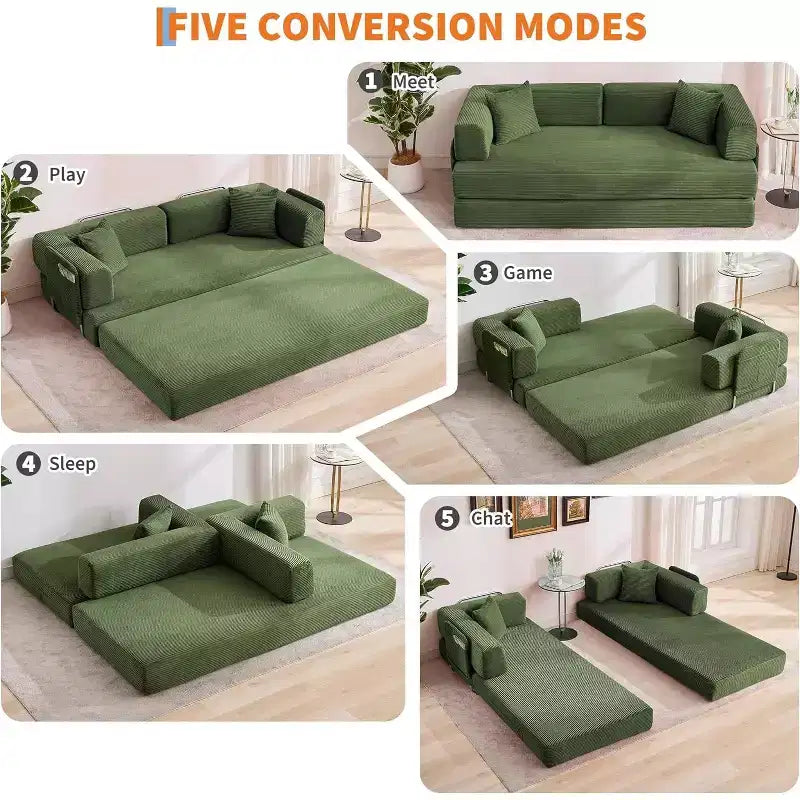 5-in-1 Schlafsofa, 78.8 Modulares Cord-Schlafsofa mit stabilem Rahmen, Multifunktions-Futon für kleine Räume, Wohnzimmer und Gästezimmer
