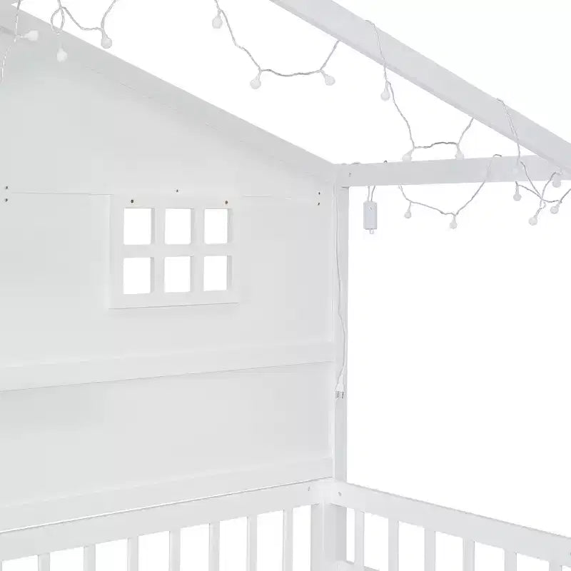 Hausbett in Twin-Größe mit Ablageregalen und Rausfallschutz, Montessori-Bettrahmen aus Holz für Kinder mit Fenster und glitzerndem Lichtband