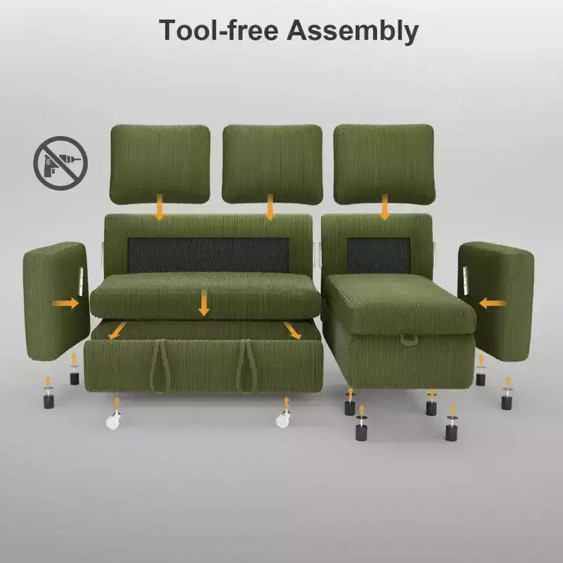 Dyonery 2-in-1 Schlafsofa ausziehbar mit Stauraum-Recamiere, Cord-Ecksofa mit USB-Anschlüssen für das Wohnzimmer