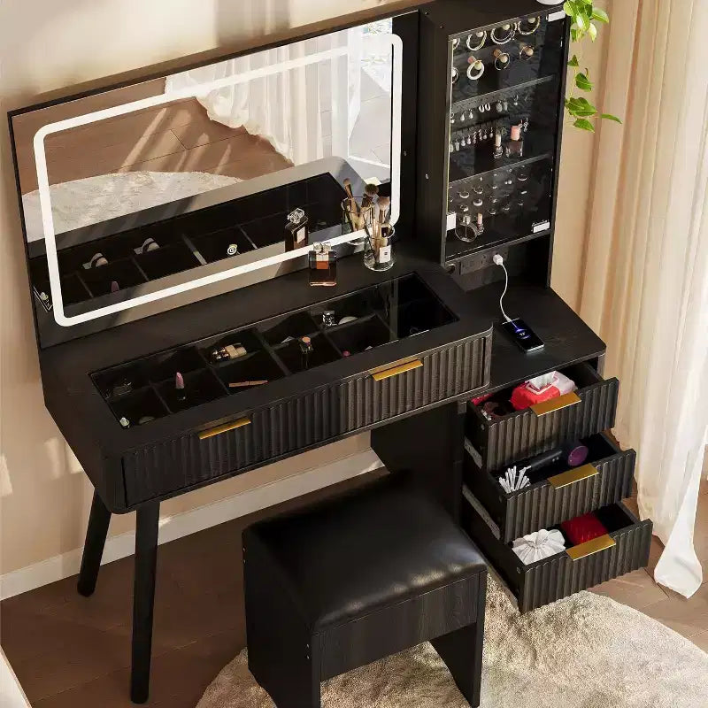 48" Schminktisch mit geriffelter Optik, großem Spiegel und Lichtern, moderner Schminktisch mit Ladestation und gepolstertem Aufbewahrungshocker für Zuhause