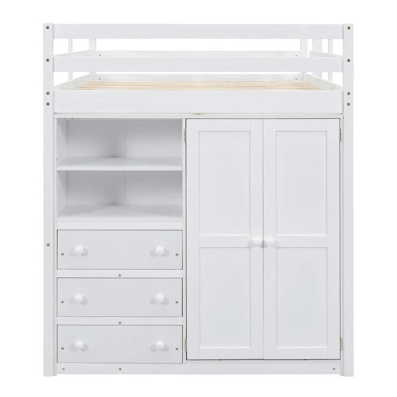 Vollholz-Hochbett mit integriertem Kleiderschrank, Schreibtisch, Ablagefächern und Schubladen