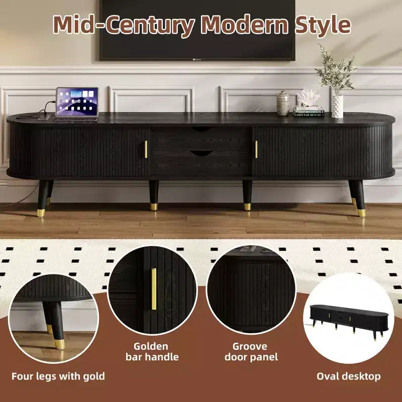 CLIHOME TV-Schrank und Couchtisch-Set aus Holz im Farmhouse-Stil mit Ladestation, ovales, gerilltes Medienboard für Fernseher bis 80 Zoll