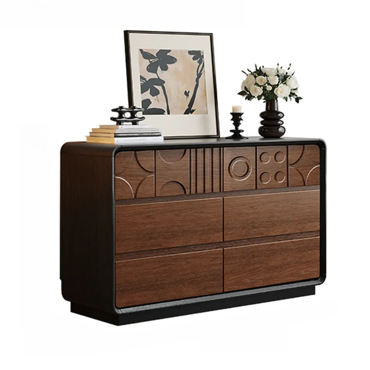 Art-déco-inspirierte Holzkommode mit geometrischen Schnitzereien