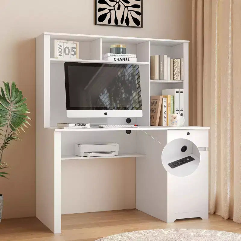 51.18 Zoll moderner Computertisch mit Aufsatz und Bücherregal, Schreibtisch mit viel Stauraum, Schreibtisch für Arbeitszimmer, Lesezimmer