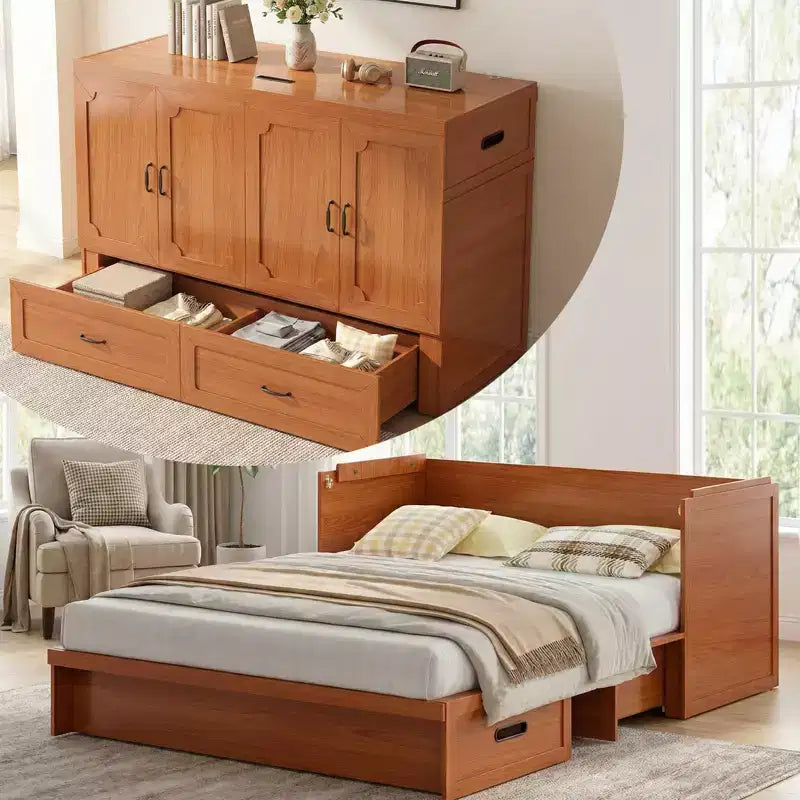 Mjkone Queen Size Wandelbares Murphy-Schrankbett mit USB-Ladefunktion, Schubladen, keine Matratze enthalten