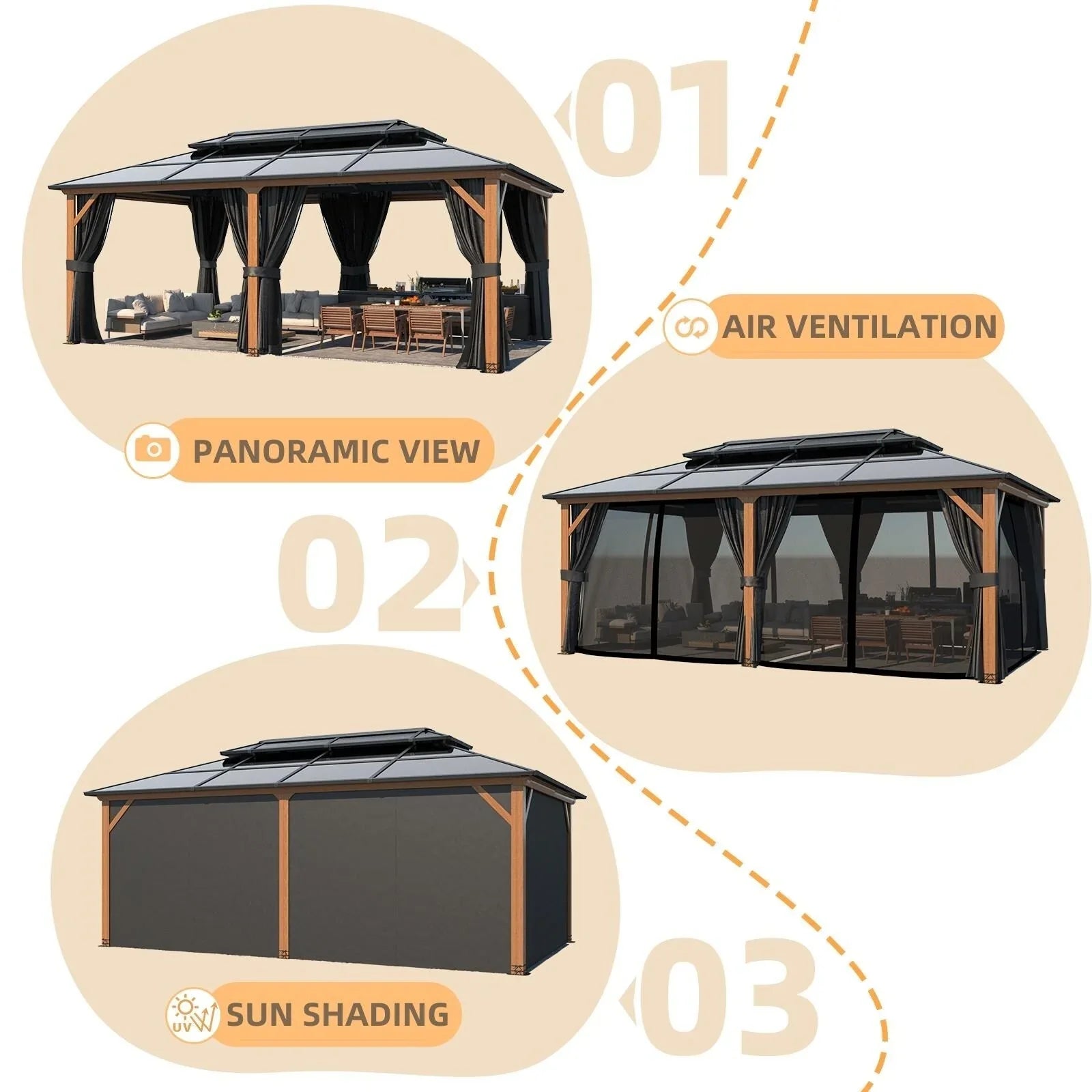 EROMMY Hardtop-Pavillon, Outdoor-Pergola mit Doppeldach & Netzen & Vorhängen, Hochleistungs-Canopy für Terrasse, Garten, Poolparty