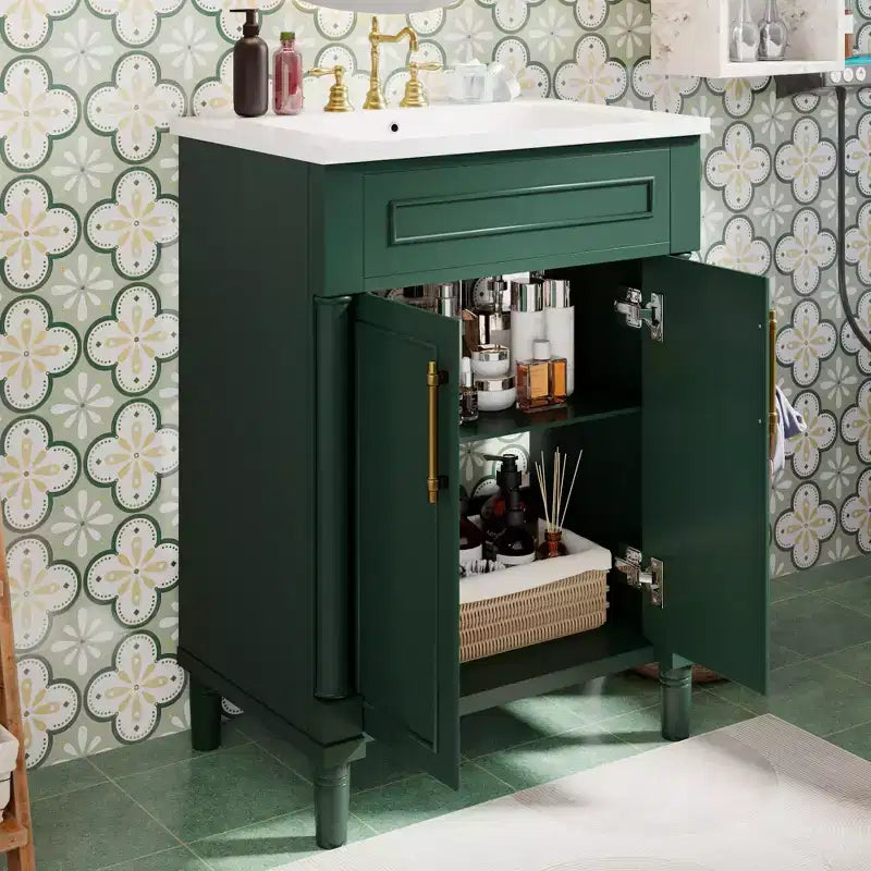 24-Zoll-Badezimmerwaschtisch mit Keramikwaschbecken, Shaker-Schrank, 2 Soft-Close-Türen, Massivholzrahmen für kleines Bad oder Gästetoilette