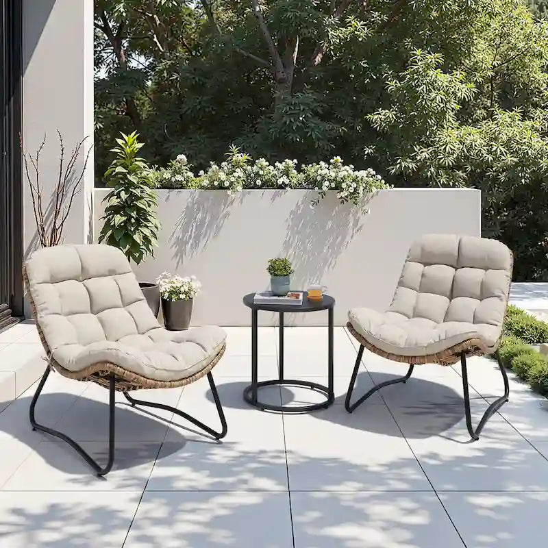Outdoor-Papasan-Sessel mit Kissen, PE-Rattan-Gartenstühle mit Beistelltisch