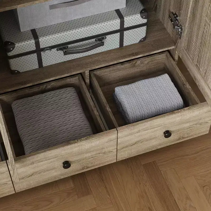 Famapy Rattan Kleiderschrank mit 3 Schubladen, 3 atmungsaktiven Rattan-Türen, Hochschrank im Bauernhausstil für das Schlafzimmer
