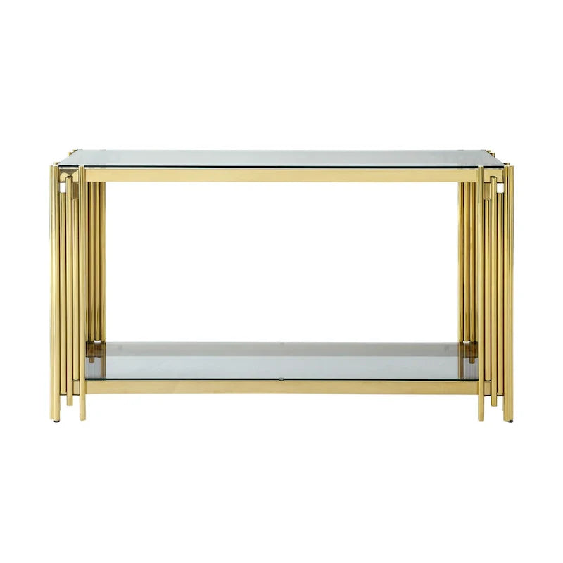 Schmaler 2-stöckiger Konsolentisch mit goldfarbenem Metallrahmen und Tischplatte aus gehärtetem Glas