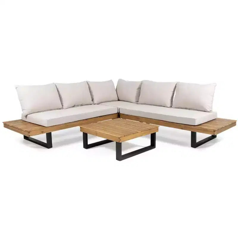 L-förmiges Outdoor-Sofa-Set, Terrassen-Freizeit-Lounge-Set, Garten-Gesprächs-Sitzgruppe mit Couchtisch und wasserabweisendem Kissen – ModernLuxe