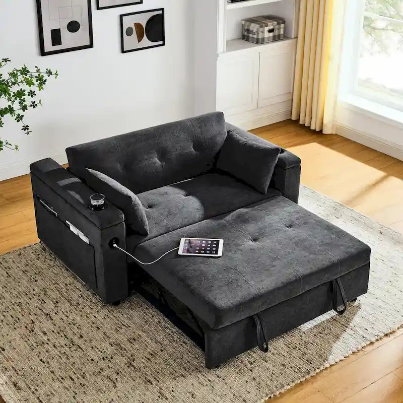 54 Schlafsofa zum Ausziehen, 2-Sitzer-Schlafsofa mit Stauraum, Lendenkissen, USB-Steckdose