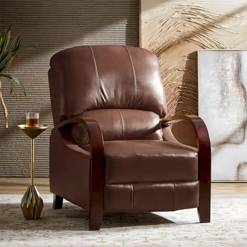 Alex Mid-Century Modern Zigarren-Sessel aus echtem Leder mit manueller Relaxfunktion und geschwungenen Holzarmlehnen