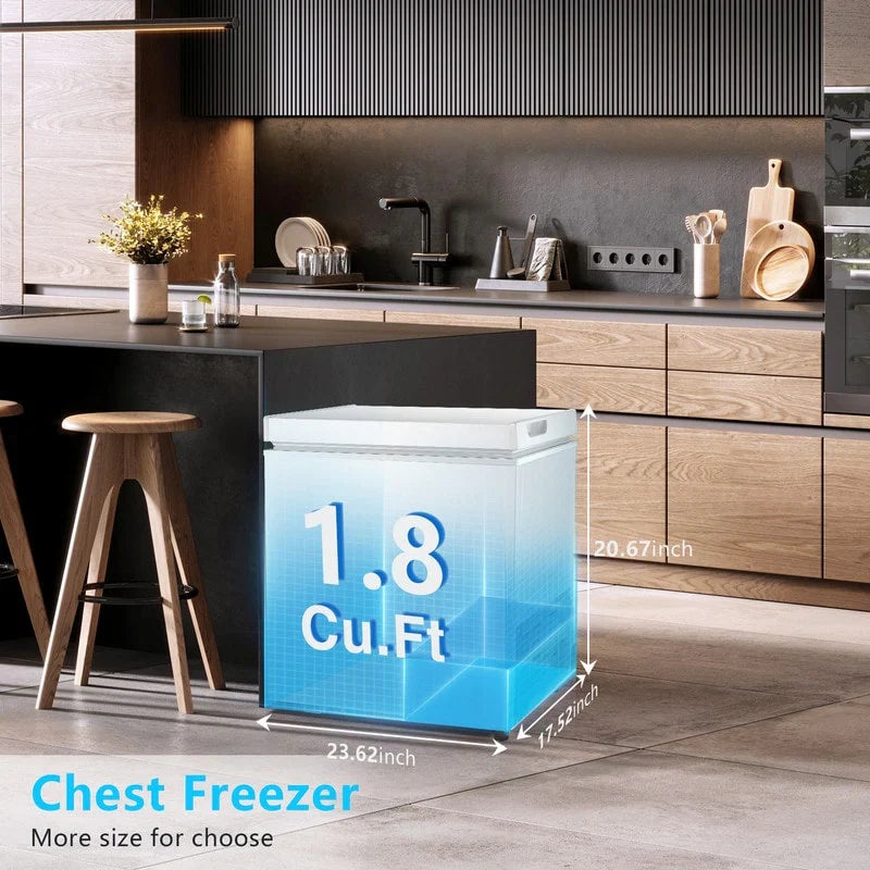 1,8 Kubikfuß Gefriertruhe mit herausnehmbarem Korb, Bodenablauf, 7-Stufen-Thermostat, freistehendes Design für Zuhause und Wohnung
