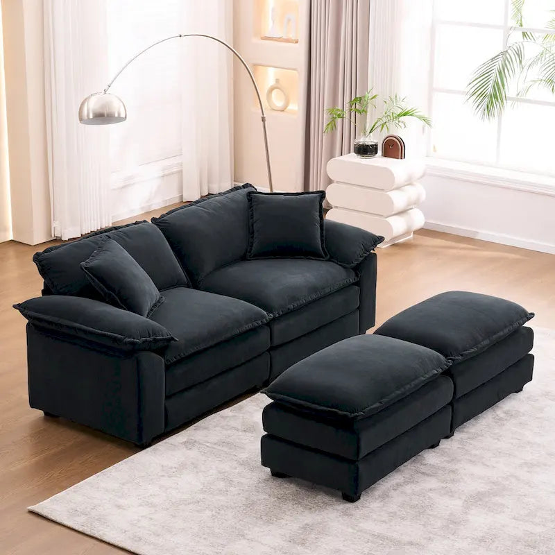 2-Sitzer-Sofa mit 2 Kissen, 2 Polstern und 2 Hockern, bequemes Sofa – Tiefes Wohnzimmersofa, Modulsofa