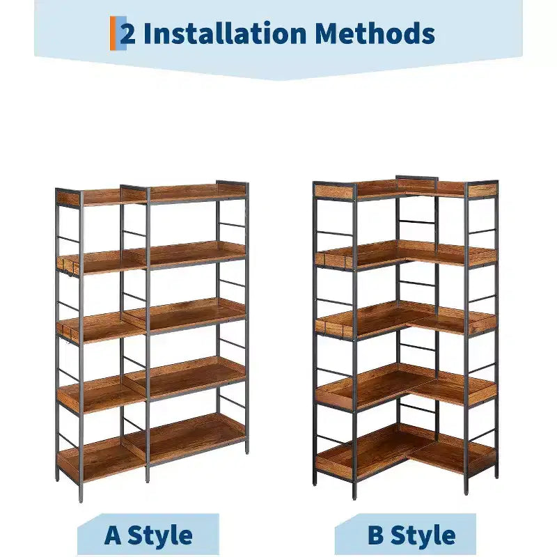 5-stufiges Eckregal in L-Form, 65 Industrieregal aus Holz und Metall (Rustikales Braun), wendbarer Stauraum für Wohnzimmer, Schlafzimmer und Home Office