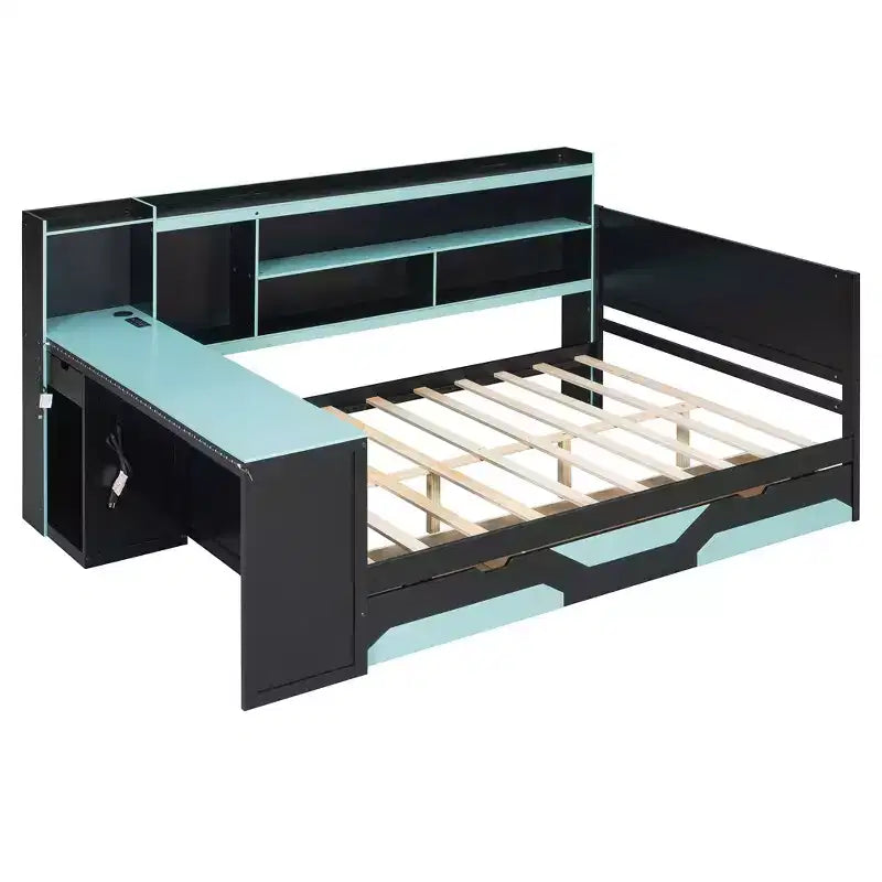 Gaming-Tagesbett (Queen-Size/Full-Size) mit Kopfteilregal, LED-Beleuchtung, integriertem Schreibtisch, Schubladen und Ladestation