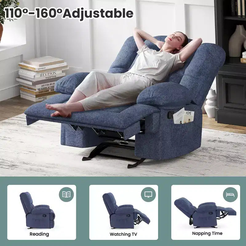Blauer, übergroßer Schaukelsessel mit Chenille-Bezug