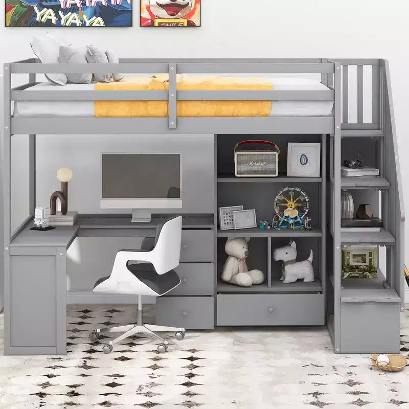Hochbett in Twin-Größe mit L-förmigem Schreibtisch, 3 Schubladen, Schrank, Treppenstauraum, aus massivem Kiefernholz/MDF gefertigt