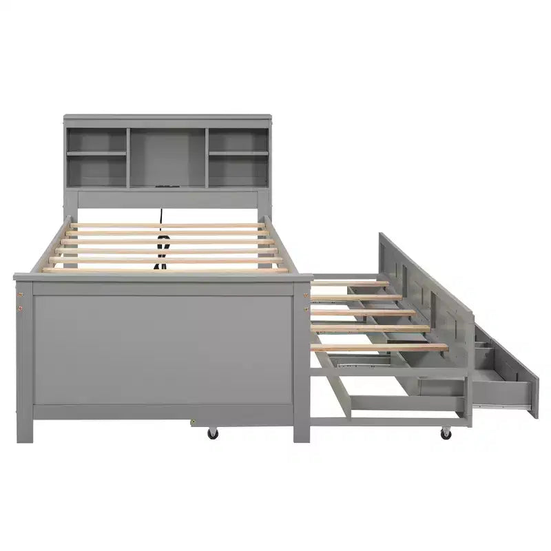 Plattformbett mit Rollbett und Schubladen, Stauraumbett mit USB-Anschluss, Holzbett mit Bücherregal