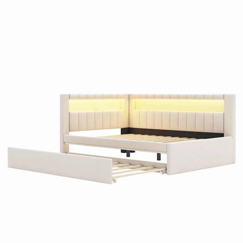 Gepolstertes Plattformbett mit USB-Anschlüssen & LED-Beleuchtung – Einzel-/Doppelbettgestell mit 2 Schubladen – Modernes Schlafzimmer