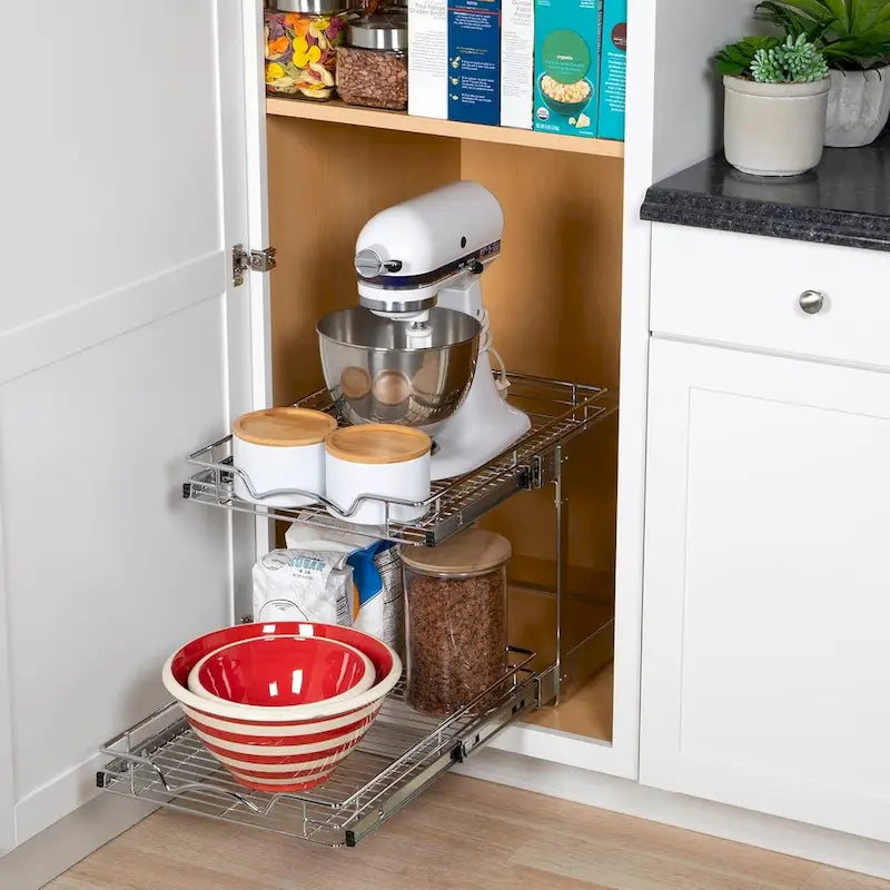 Auszugschrank-Organizer, 2 Etagen, strapazierfähiges Metall mit lebenslanger eingeschränkter Garantie – Rostfreies Chrom-Finish