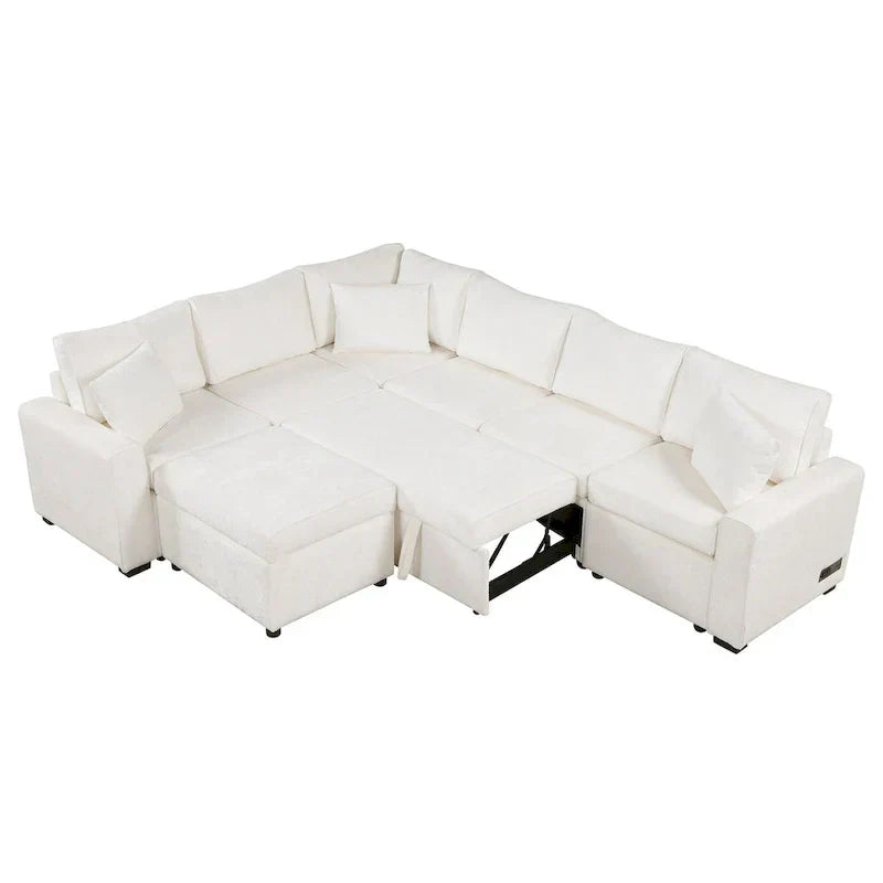 Chenille Ecksofa mit Ausziehfunktion, L-förmiges Schlafsofa mit Stauraum-Ottomane, 3 Kissen und Ladevorrichtungen
