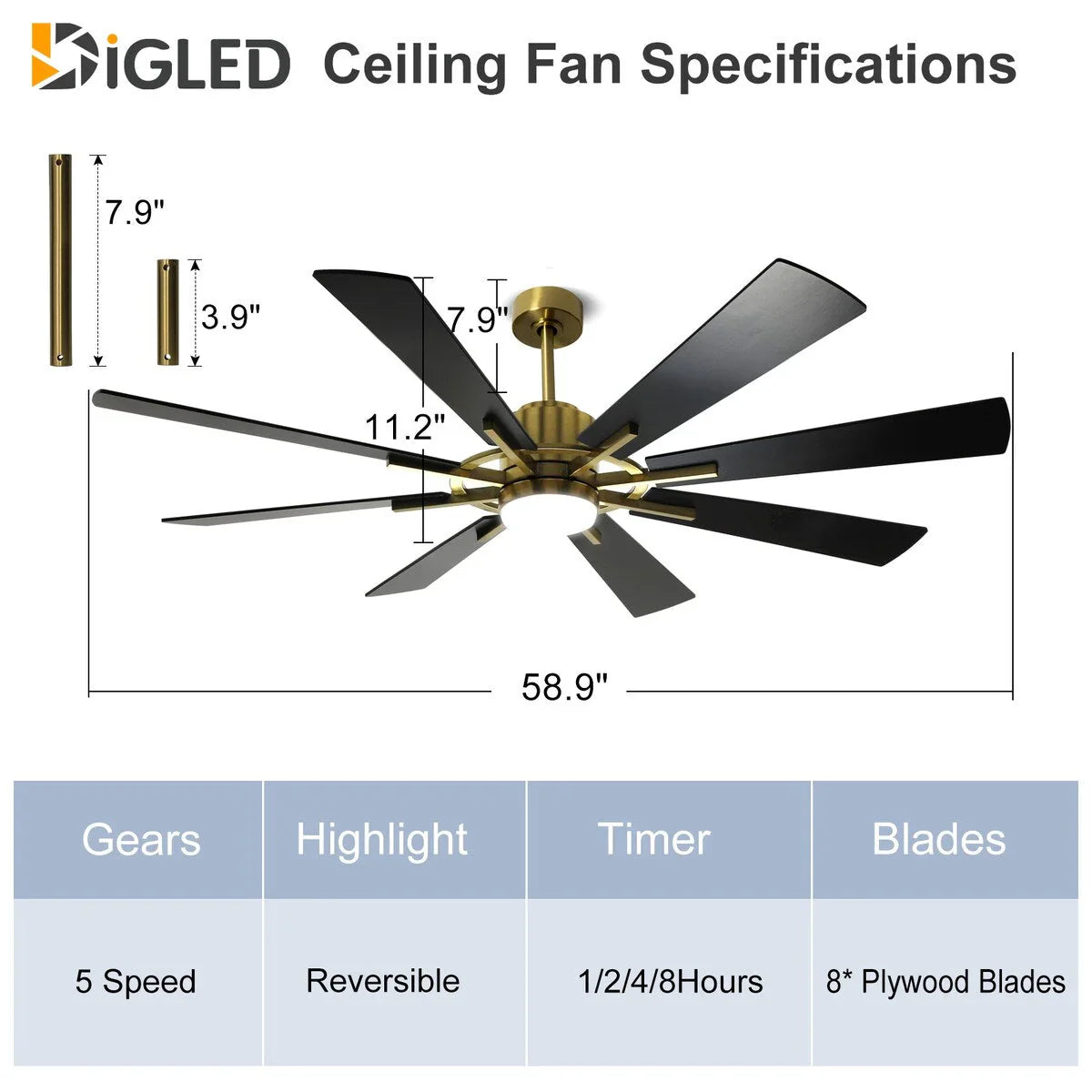 Deckenventilator mit Beleuchtung, Fernbedienung, groß, 8 Holzflügel
