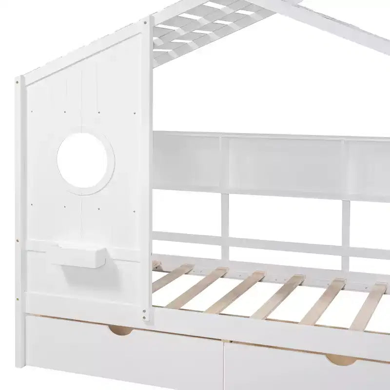 Hausbett aus Holz in Twin-/Full-Size mit 2 Schubladen, Kinderbett mit Ablageregal - ModernLuxe