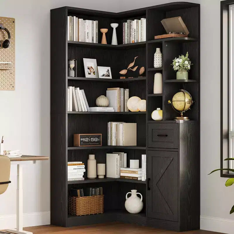 Eckregal, 74 großes Eckbücherregal, L-förmiges Bücherregal mit 6 Etagen, offenen Fächern und Aufbewahrungsschubladen für Wohnzimmer oder Heimbüro