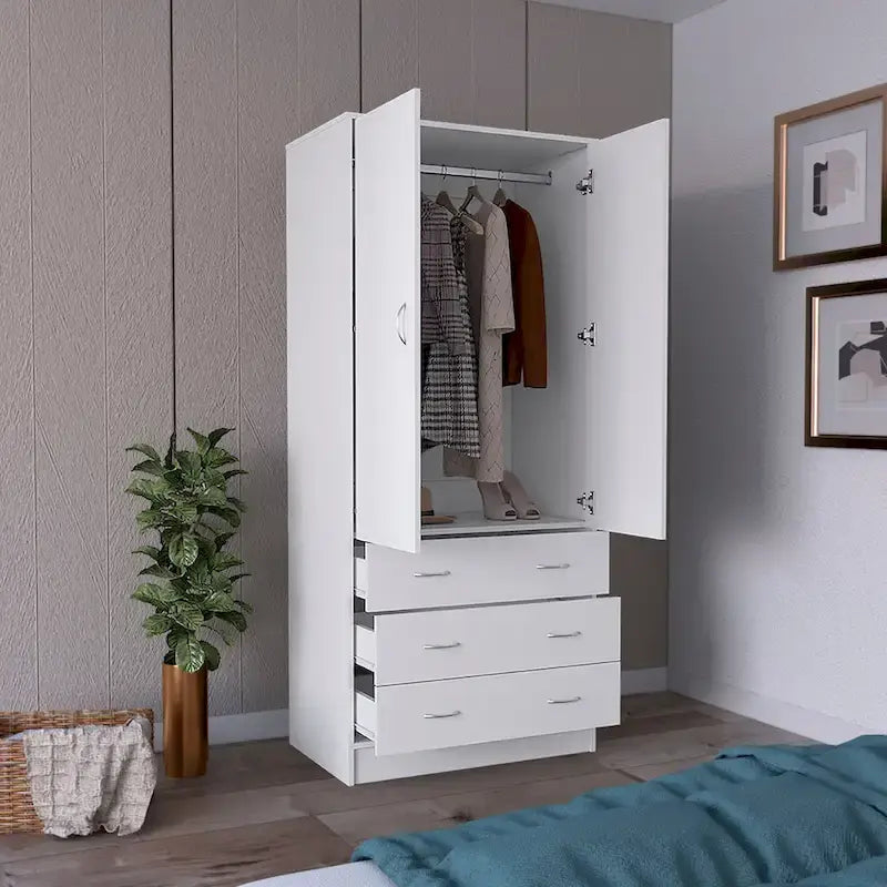 Moderner Doppeltür-Kleiderschrank (19) mit 3 Schubladen und 1 Kleiderstange für das Schlafzimmer