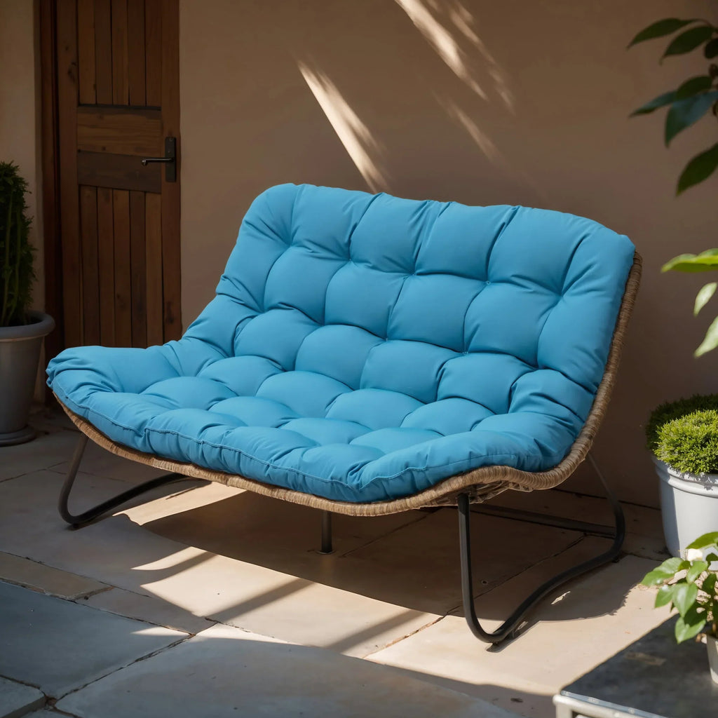 Doppelsessel Papasan mit Kissen, wetterfestes PE-Rattan und Metallrahmen für Innen- und Außenbereich