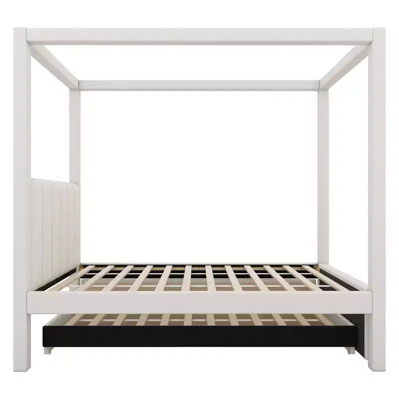 Plattformbett mit Baldachin, Leinenbezug, vollbettgroß, mit Ausziehbett und drei Schubladen