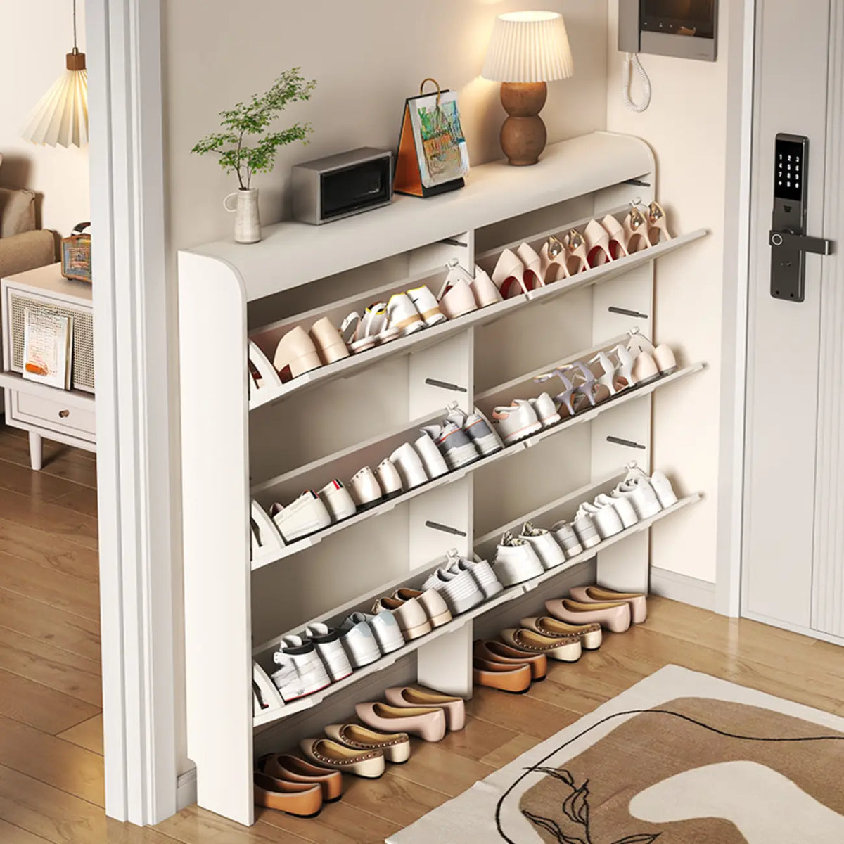 Schlanker Schuhschrank mit 3 Fächern, Weiß, Holz, Klappfach