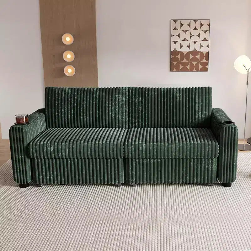Dyonery 91 Sektional Schlafsofa mit Ausziehbett, verstellbarer Rückenlehne/zwei Ausziehbetten/USB-Anschlüssen/Getränkehaltern, Plüsch-Kordbezug
