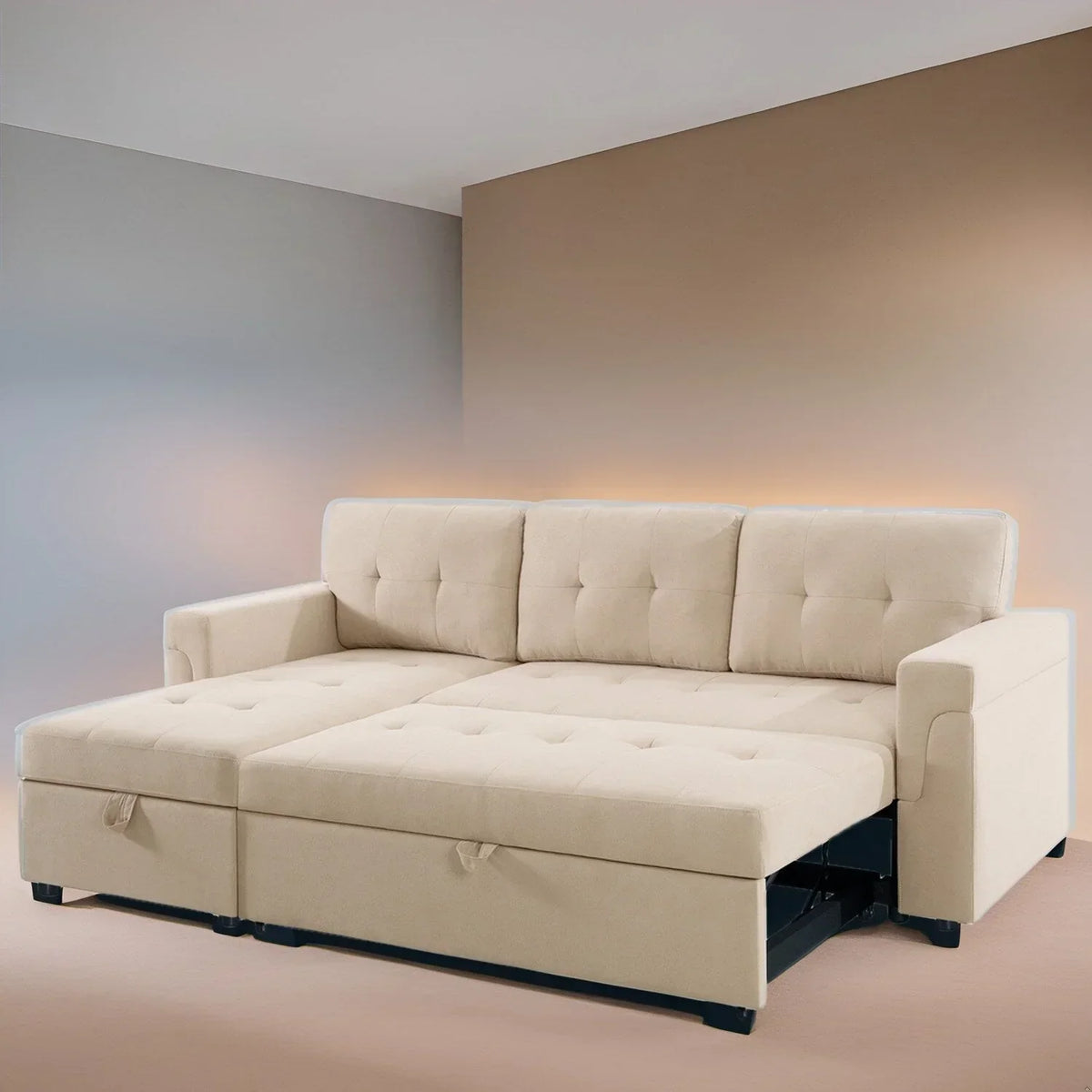 Verwandelbares, umbaubares Ecksofa mit ausziehbarem Schlafsofa, versteckter Aufbewahrung in der Récamiere und robusten Beinen