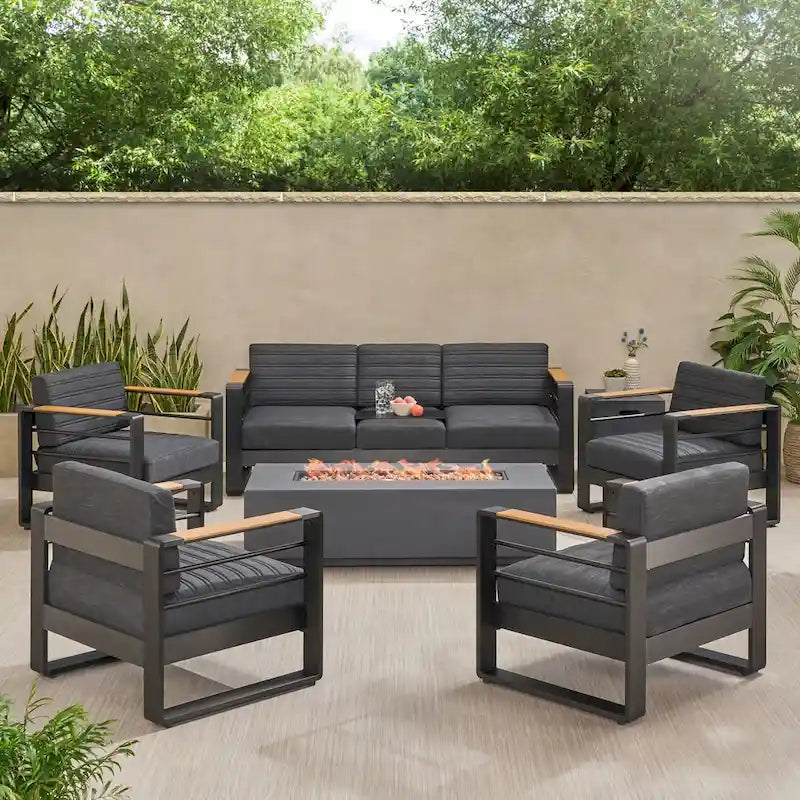 Giovanna Outdoor 7-Sitzer-Loungeset aus Aluminium mit Feuerstelle von Christopher Knight Home
