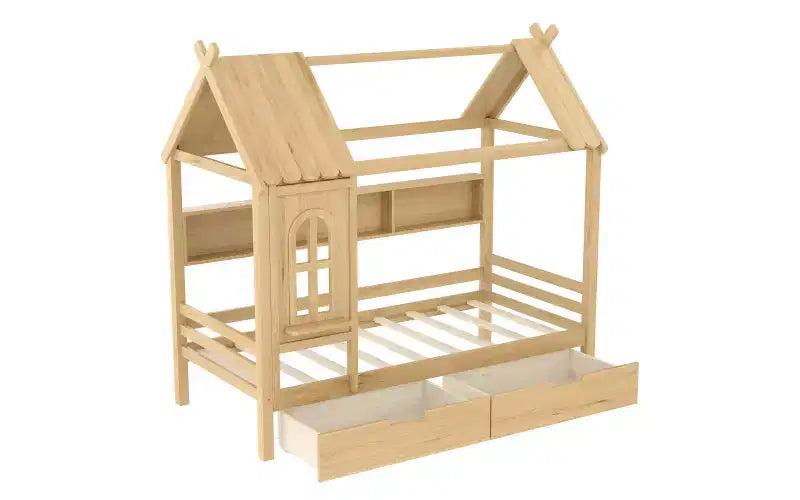 Haus-Plattformbett mit Aufbewahrungsschubladen und Fenster, Massivholzrahmen mit Regalen, kindgerechtes, lustiges Design, Hellweiß