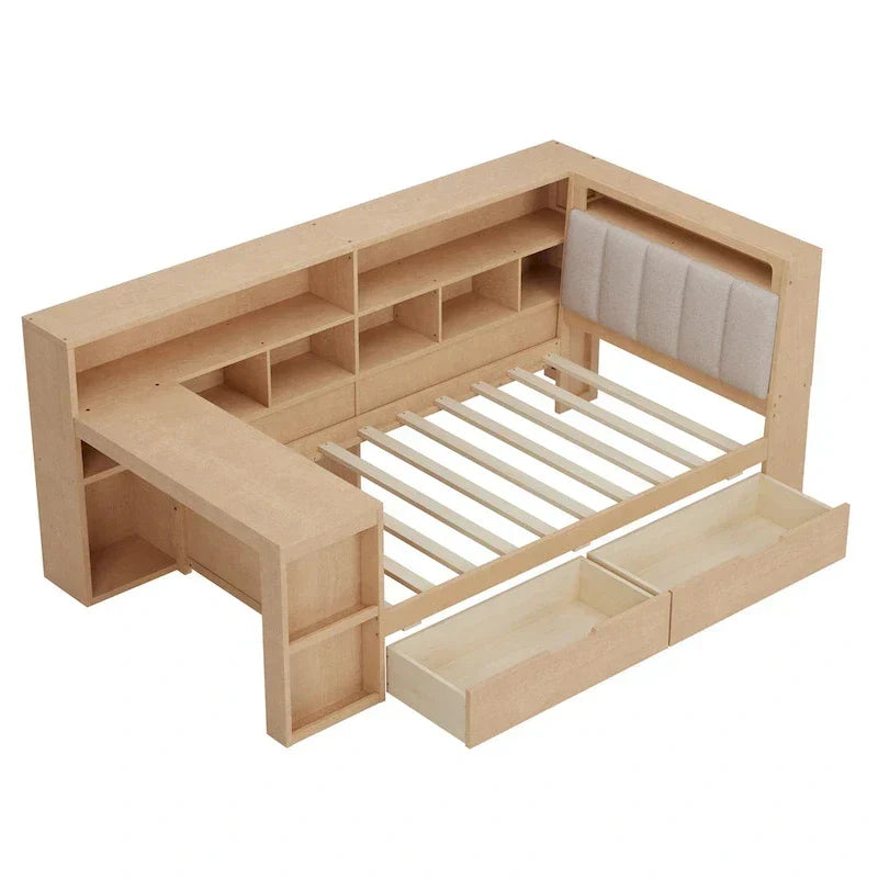 L-förmiges Holzsofa-Tagesbett mit Schreibtisch, Bücherregal, Eckbett mit Schubladen unter dem Bett, gepolstertem Kopfteil und integrierter Beleuchtung