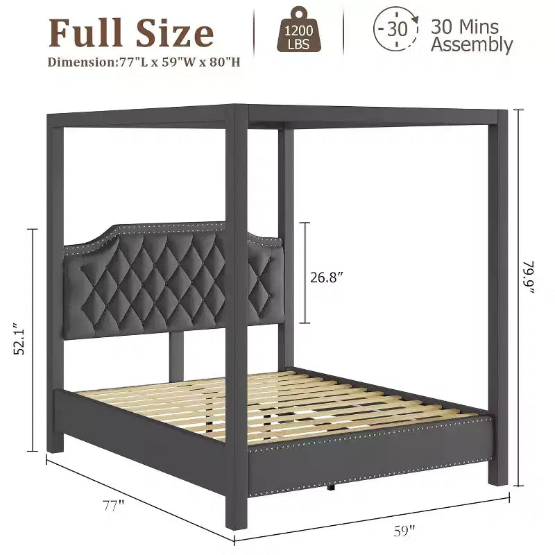 Queen-Size-Himmelbettgestell mit Pfosten, 4-Eck-Bettrahmen, Massivholzlattenrost, kein Boxspringbett erforderlich, geräuschfrei