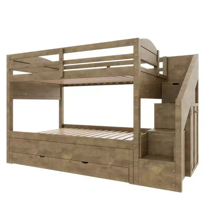 Whisen Twin XL Etagenbett mit Ausziehbett, Etagenbett mit Stauraum, Etagenbett aus Massivholz, Treppe mit Stauraum, Kleiderschrank, 3 Schubladen, für Kinder