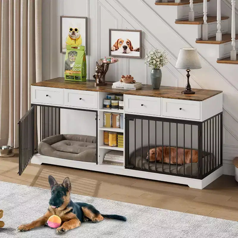 82" Doppel-Hundebox Möbel, großer Hundezwinger für 2 Hunde, robuster TV-Ständer aus Holz mit 4 Schubladen und Regalen