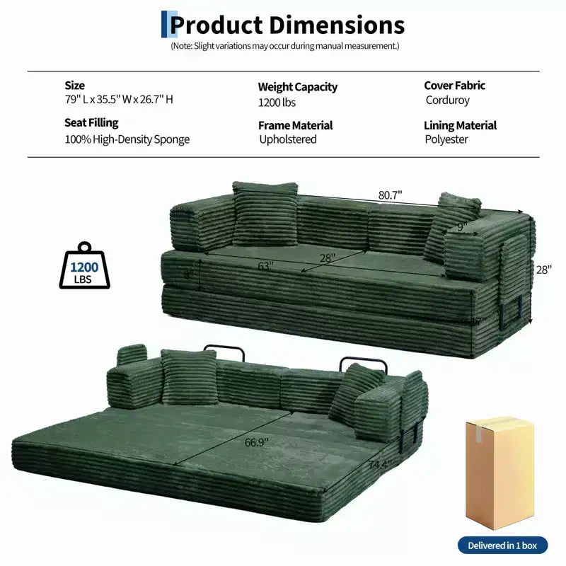 80.7 5-in-1 Schlafsofa – Kord, 544 kg, kein Aufbau