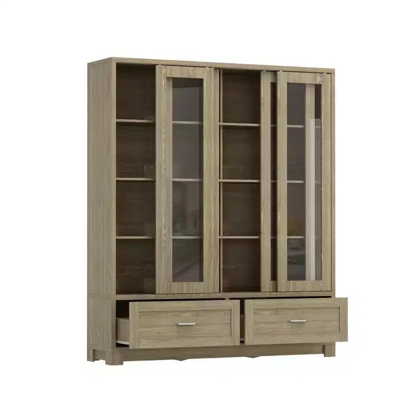 Famapy Vitrine aus heller Eiche: 63 cm breit, Schiebetüren aus Glas + Schubladen. Geräumiger Organizer für Heimbüchereien und Wohnzimmer