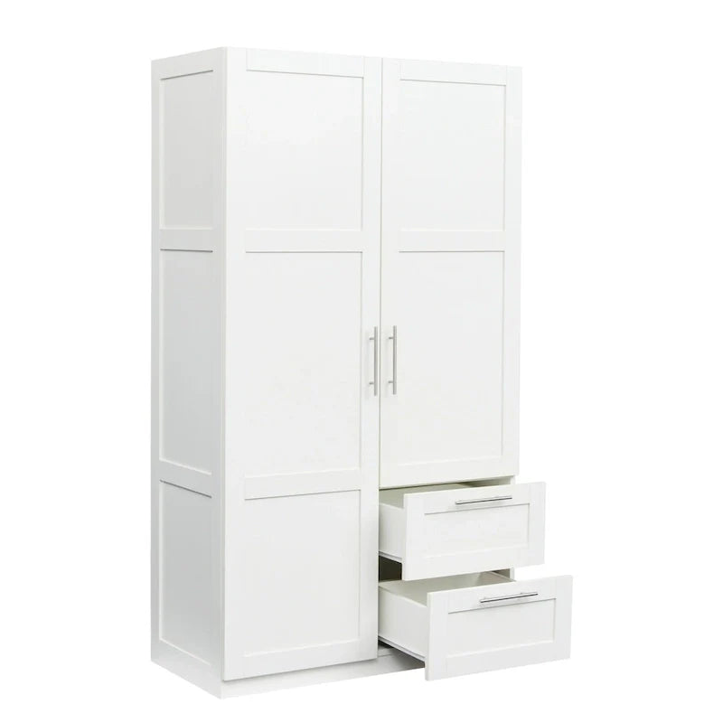 Weißer Kleiderschrank mit Türen, Schubladen und Kleiderstange