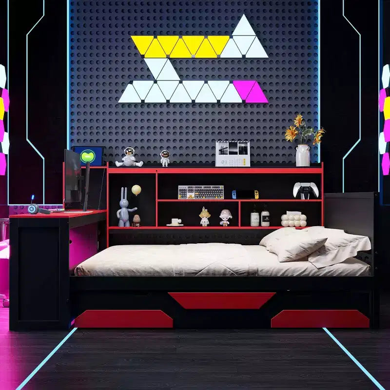 Gaming-Tagesbett (Queen-Size/Full-Size) mit Kopfteilregal, LED-Beleuchtung, integriertem Schreibtisch, Schubladen und Ladestation
