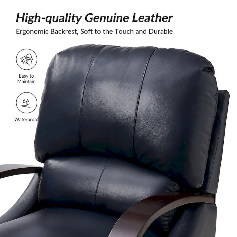 Alex Mid-Century Modern Zigarren-Sessel aus echtem Leder mit manueller Relaxfunktion und geschwungenen Holzarmlehnen