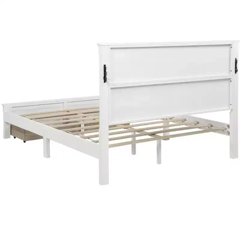 ModernLuxe Bettrahmen für Queensize-/Kingsize-Betten mit hohem Kopfteil, rustikales Holzbettgestell mit 2 Schubladen, LED-Beleuchtung und USB-Anschlüssen