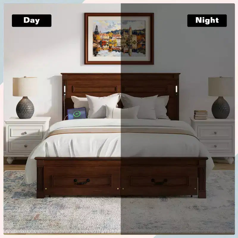 ModernLuxe Bettrahmen für Queensize-/Kingsize-Betten mit hohem Kopfteil, rustikales Holzbettgestell mit 2 Schubladen, LED-Beleuchtung und USB-Anschlüssen