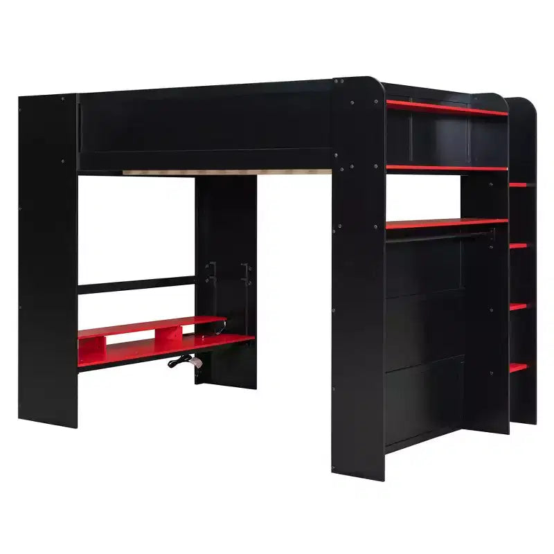 Luxystar Hochbett in voller Größe mit beleuchtetem, verstellbarem Schreibtisch, offenem Kleiderschrank und Bücherregal